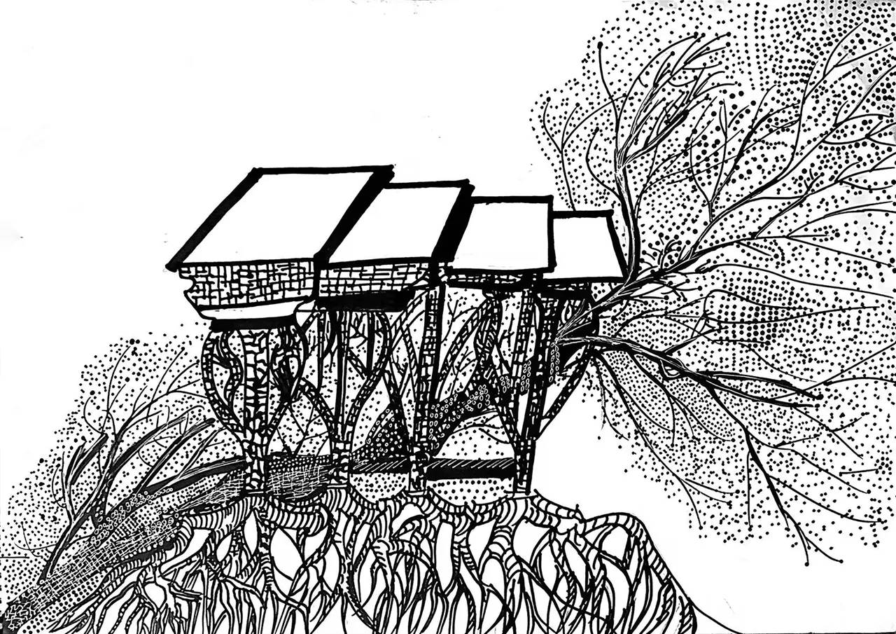 Human Objects 线描练习:物体轮廓与枝状纹样相互穿插。 / Human Objects line study: an object outline interwoven with branching patterns.