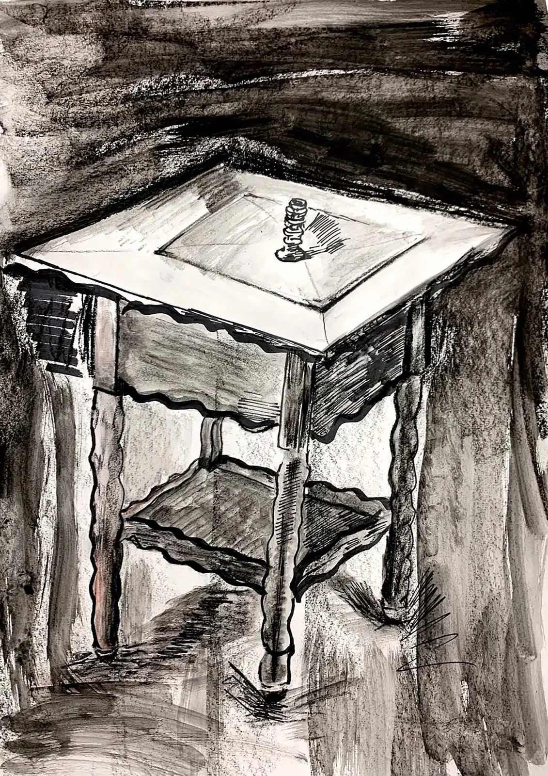 Human Objects 绘画练习:通过明暗与笔触观察家具和室内。 / Human Objects drawing study: furniture and an interior explored through tone and mark-making.