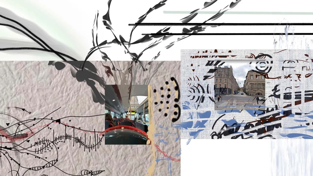 城市记谱片段:街景照片、曲线与重复符号的拼贴。 / City-score fragment: street photographs, curved marks and repeated symbols in collage.