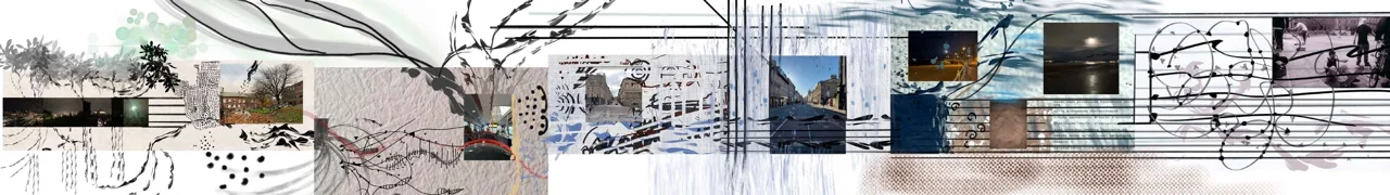 完整城市旅程长卷:四组记谱片段按原作连接为连续拼贴。 / Complete city-journey panorama: four groups of notation fragments joined in the original continuous collage.