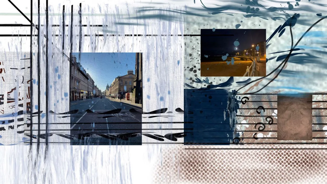 城市旅程记谱:街道、夜间灯光与表面纹理的叠合。 / City-journey notation: street scenes, night lighting and surface textures are overlaid.