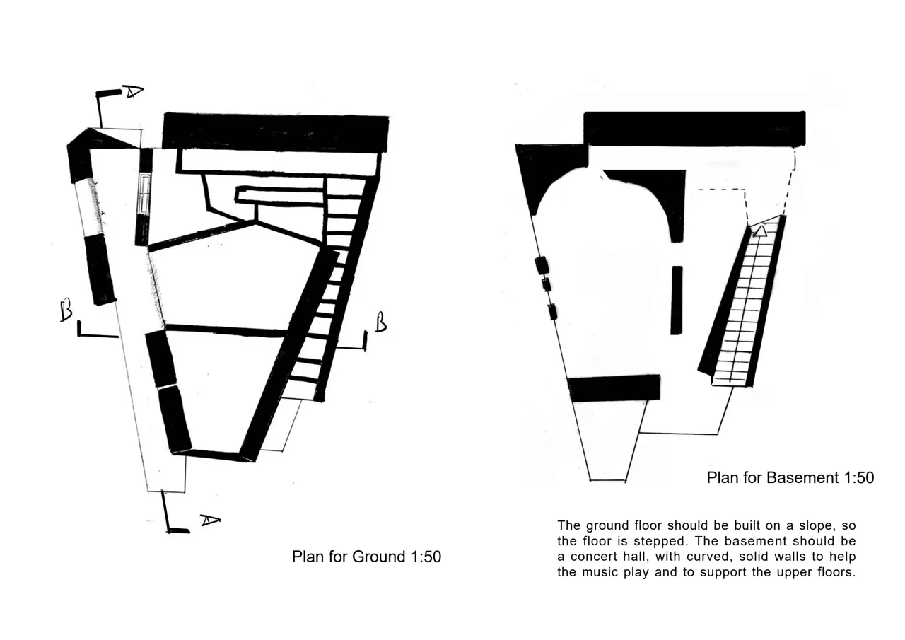 地面与地下平面:在坡地中安排停留和演奏空间。 / Ground and basement plans arranging places to pause and perform within a slope.