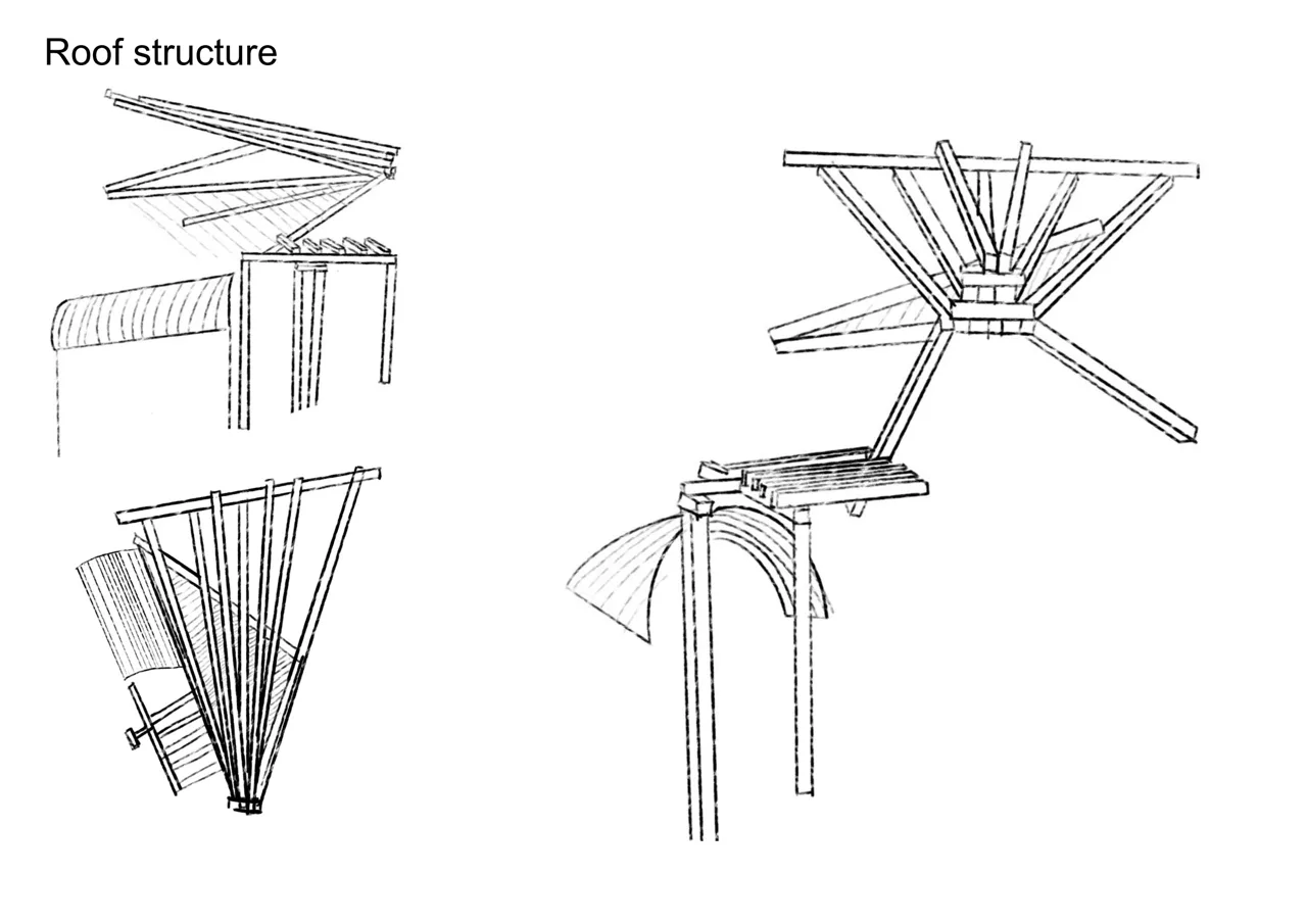 屋顶杆件与几何组合的设计图。 / Drawings of roof members and their geometric arrangement.
