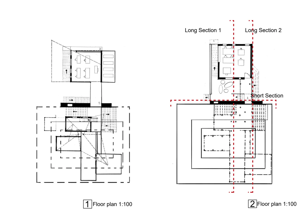 两层平面与剖切位置的组织。 / The arrangement of two floor plans and their section lines.