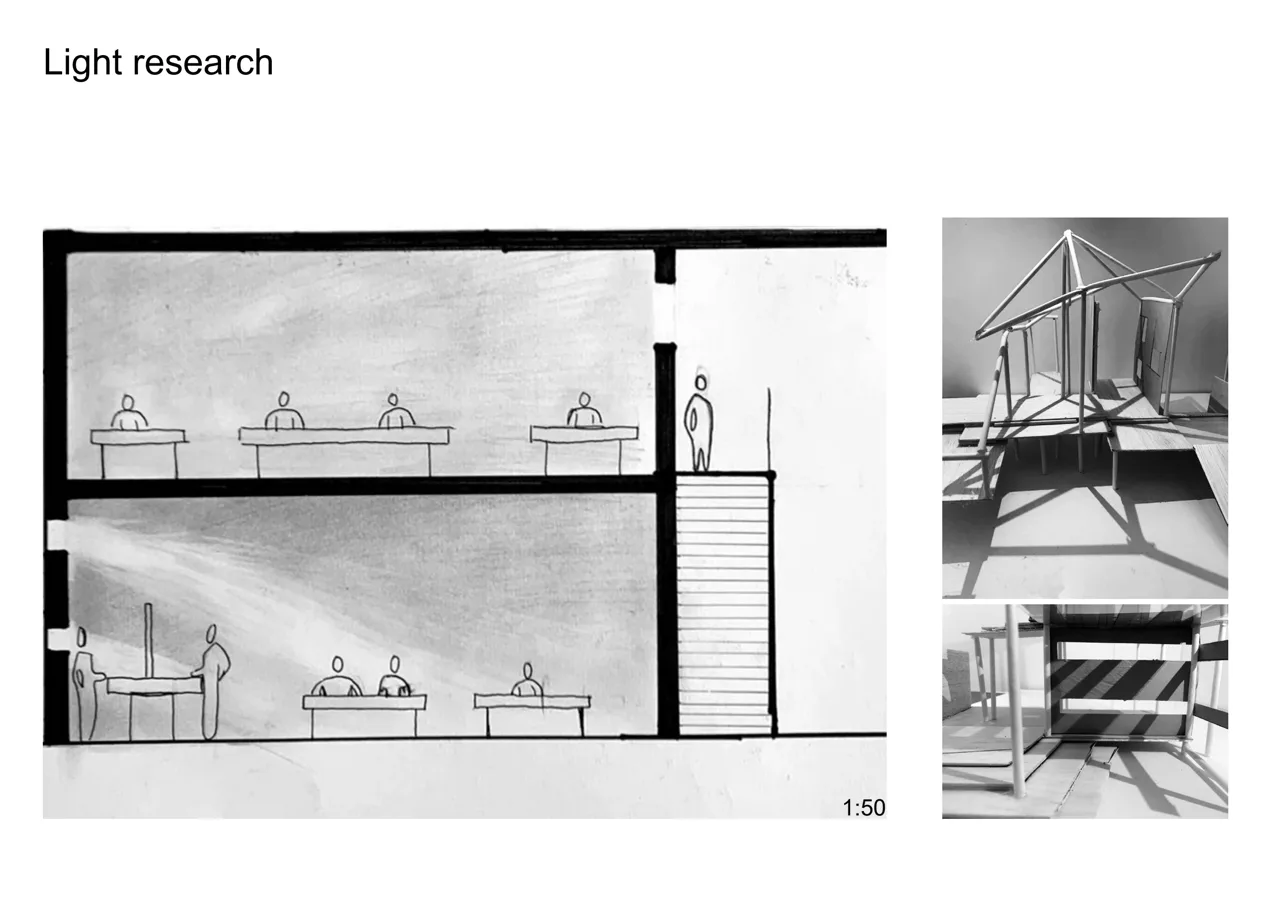 光照下的实体模型与课堂空间剖面。 / Light studies of the physical model alongside a classroom section.