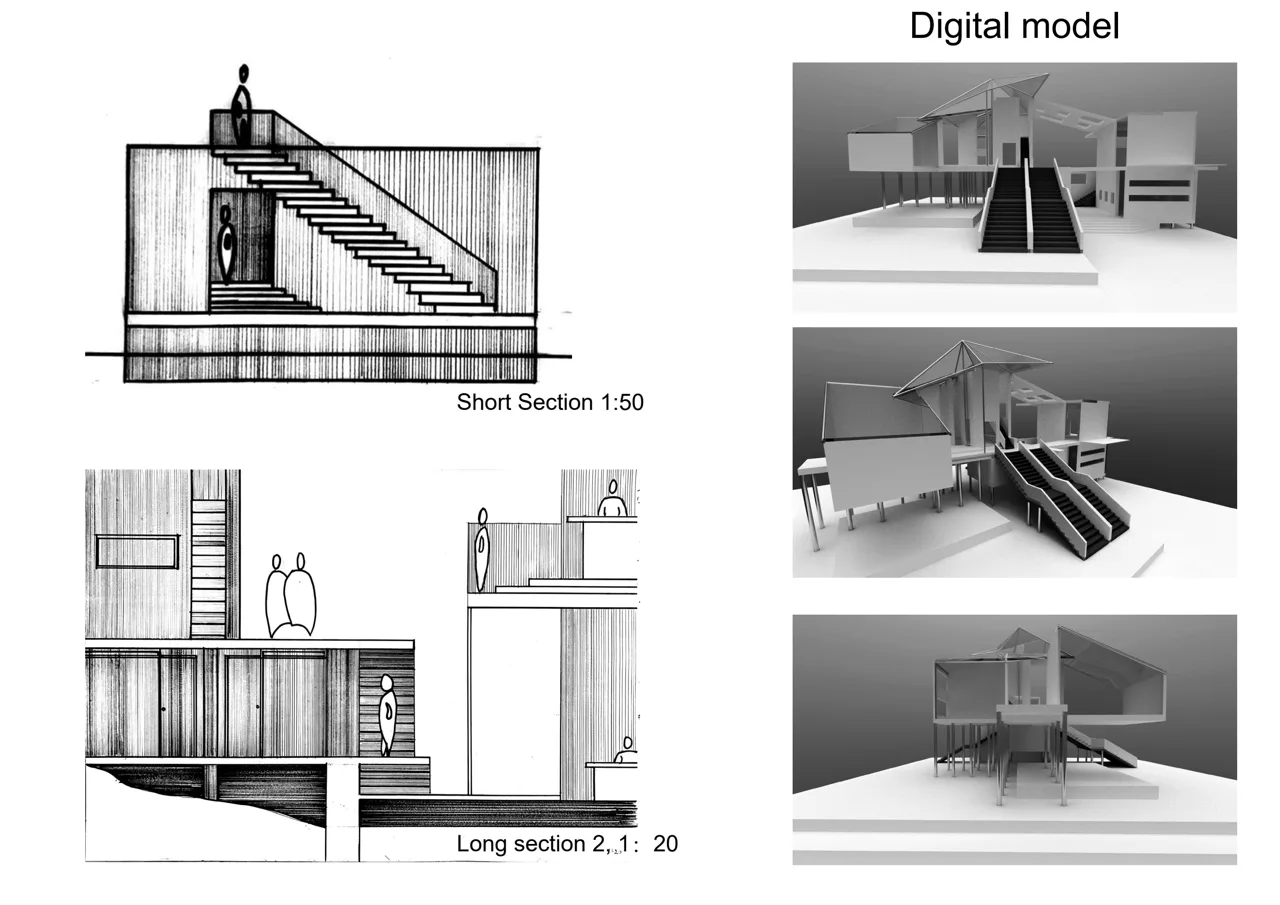 楼梯、教室剖面与数字模型。 / Stair and classroom sections with digital model views.