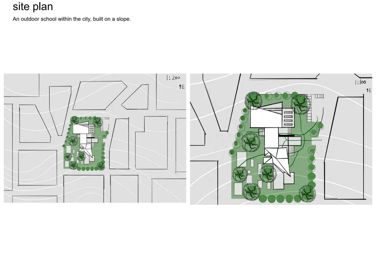 虚拟城市坡地上的学校总平面。 / The school site plan within an imagined sloping urban setting.