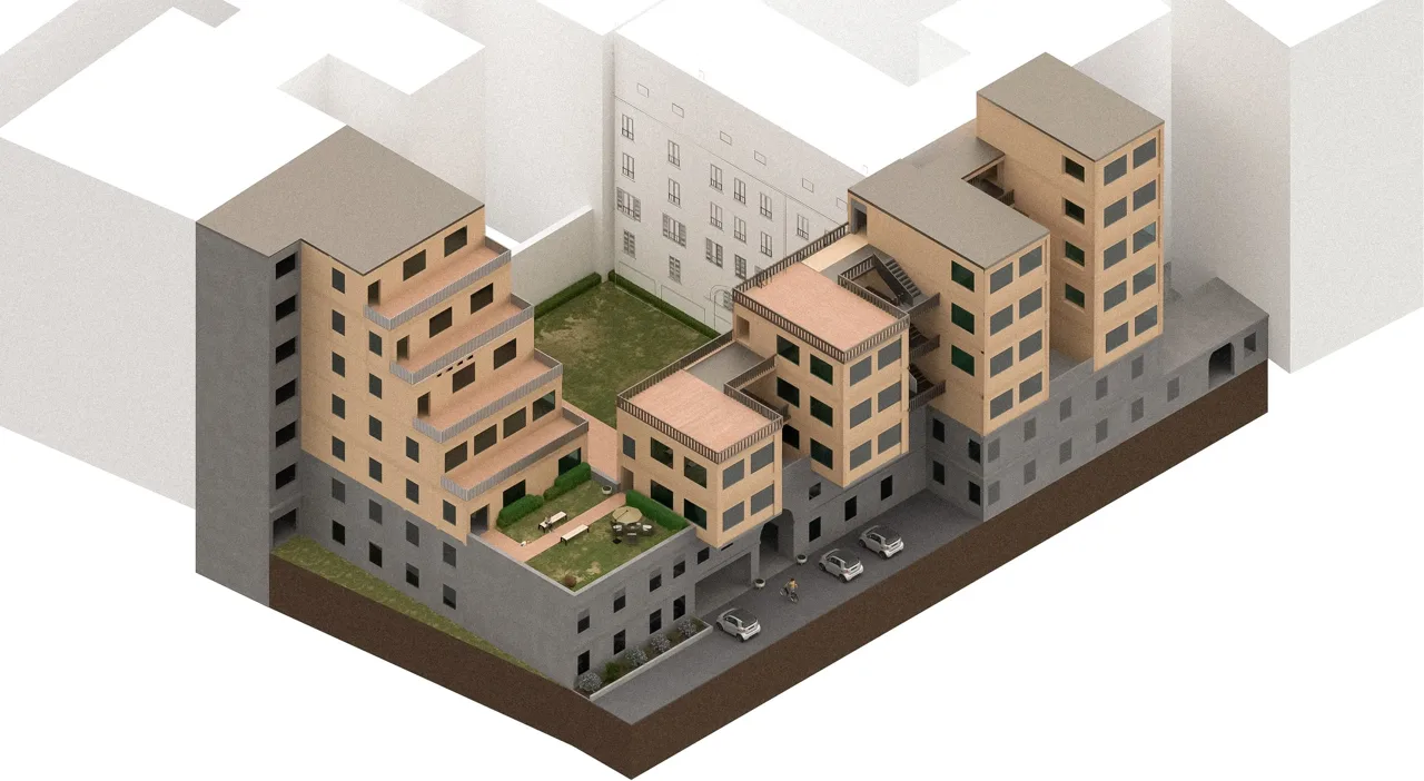 原课程最终方案的庭院鸟瞰:退台住宅围绕共享室外空间组织。 郑兴增/Tom Zheng,个人课程设计;前期场地调查含协作。 / Courtyard overview of the final studio proposal, with stepped housing around shared outdoor spaces. Xingzeng Zheng / Tom Zheng, individual studio design; preliminary site investigation includes collaboration.