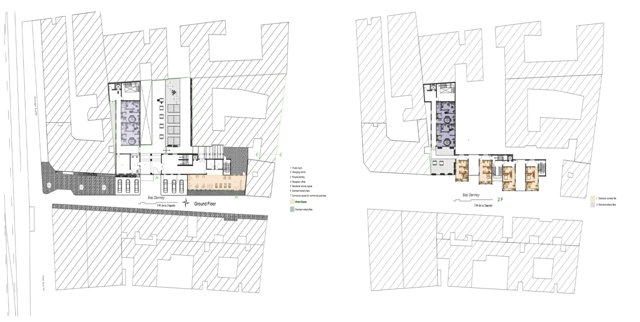 最终方案首层与标准住宅层平面,保留原图的功能编号、图例和街道名称。 郑兴增,个人课程方案图纸。 / Final ground-floor and typical residential plans, retaining the original programme numbers, legends and street names. Xingzeng Zheng, individual studio proposal drawings.