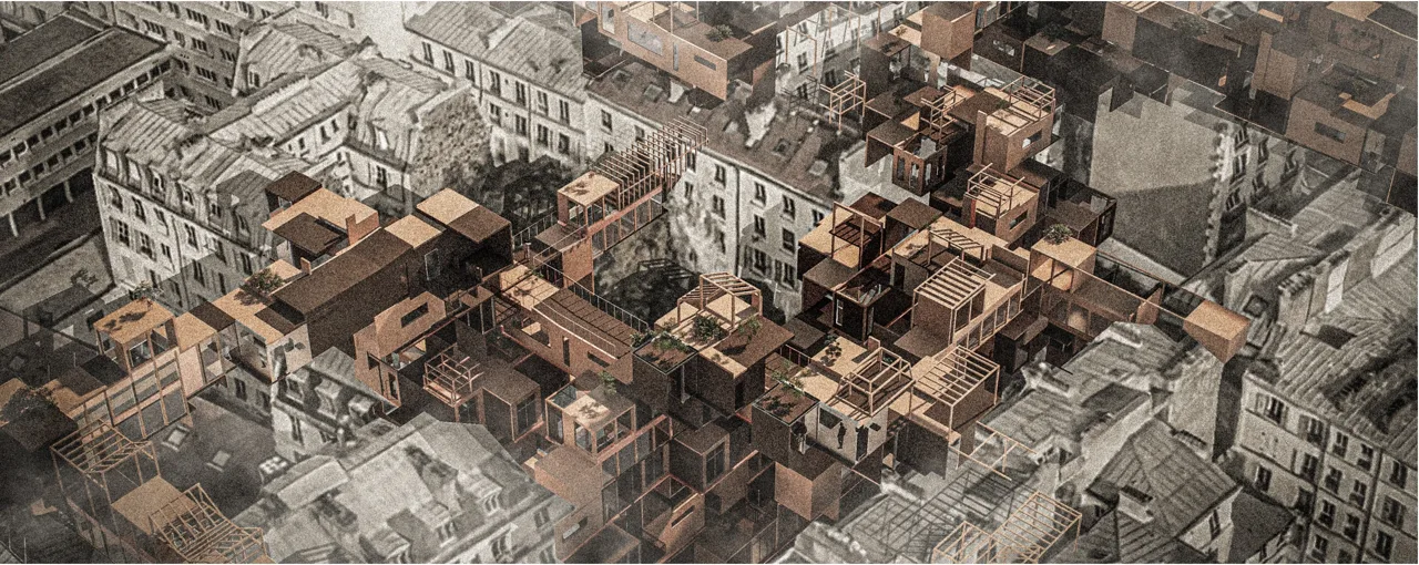 模块组合与巴黎街区的空间关系。 / Modular assemblies in relation to the Paris neighbourhood.