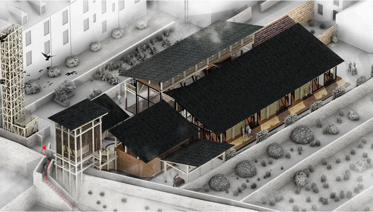 新建木结构与既有街区、庭院的关系。 / Timber construction in relation to the existing neighbourhood and courtyard.