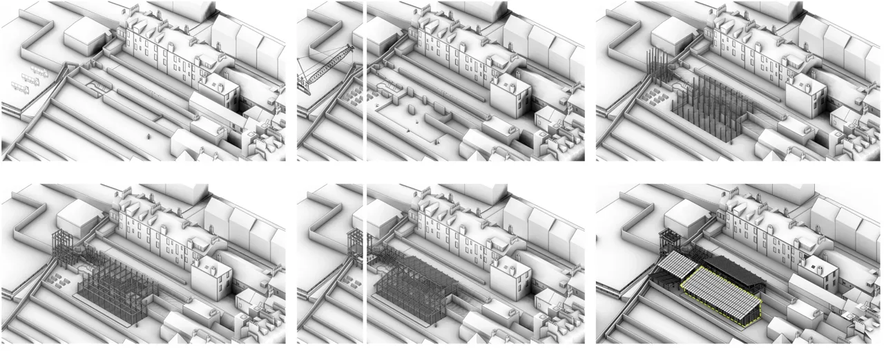 以模型序列表达场地、基础、框架与围护的概念建造过程。 / A model sequence explores the conceptual construction of site works, foundations, frame and envelope.