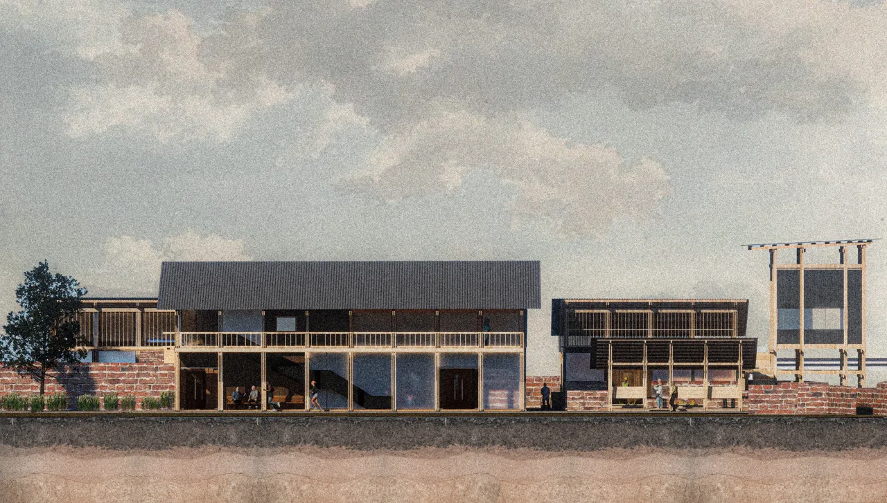 面向庭院的木工坊与社区中心,学术方案效果图。 / Courtyard elevation of the workshop and community centre. Academic proposal rendering.
