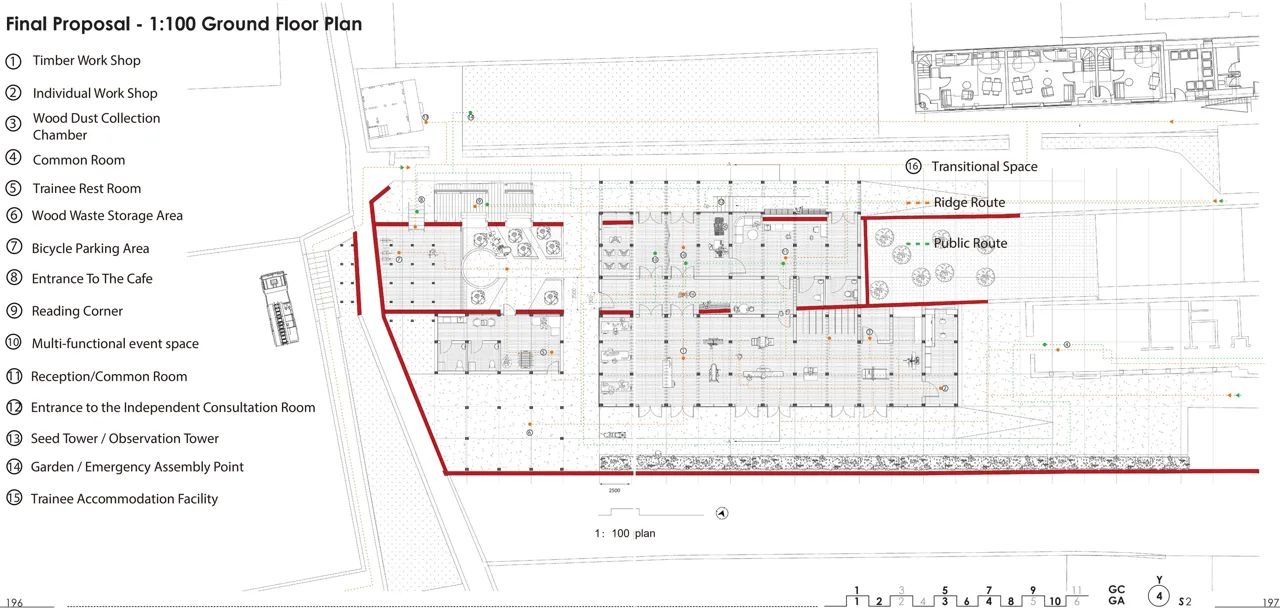 首层平面:工作与公共动线。图示比例对应原图。 / Ground-floor plan: workshop and public routes. Scales refer to the original drawing.
