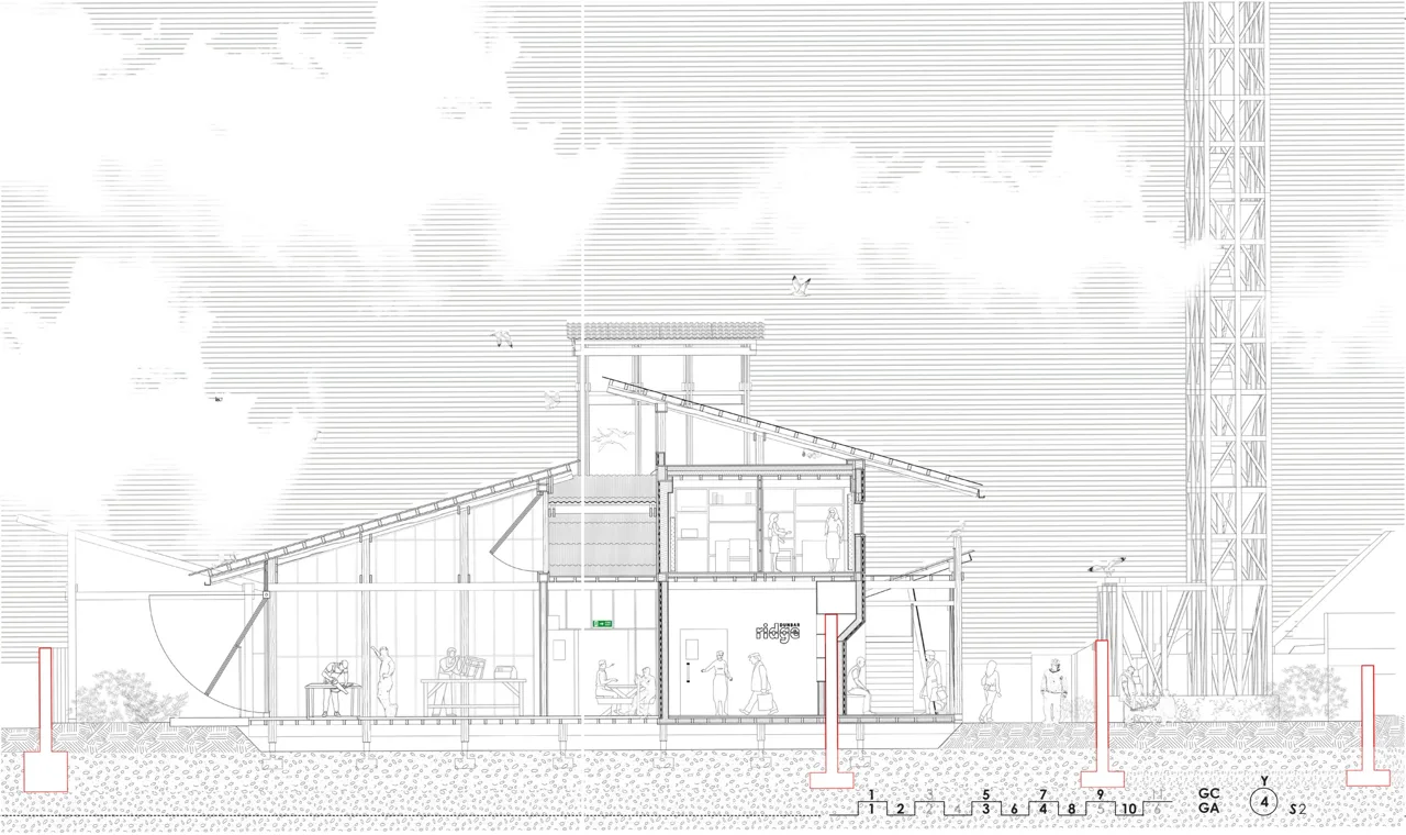 剖面研究:屋顶、采光与空间层次。 / Section study: roof, daylight and spatial relationships.
