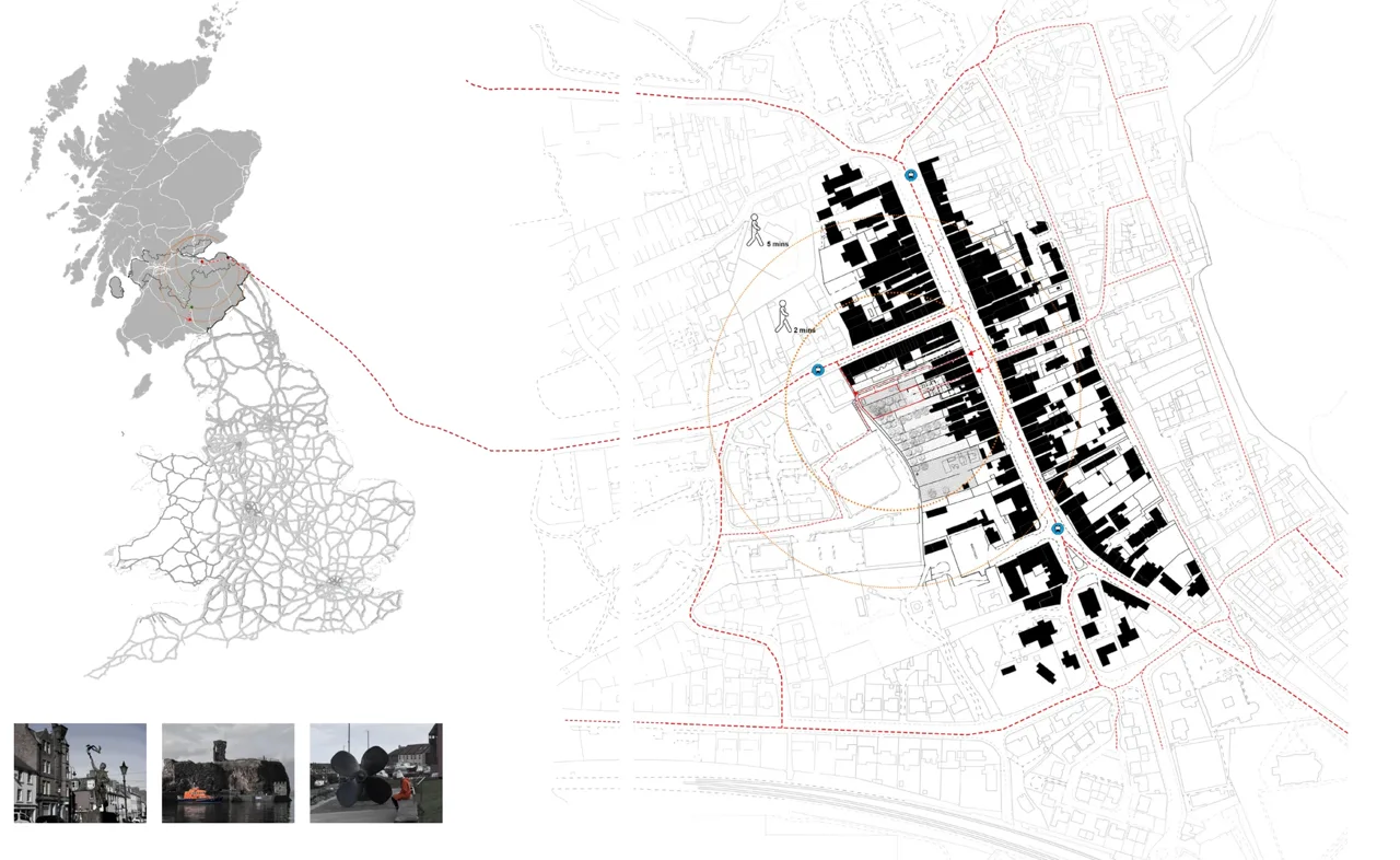 Dunbar 场地的区域联系、街区肌理与现场记录;前期课程研究。 / Regional connections, urban fabric and site observations in Dunbar; preliminary studio research.