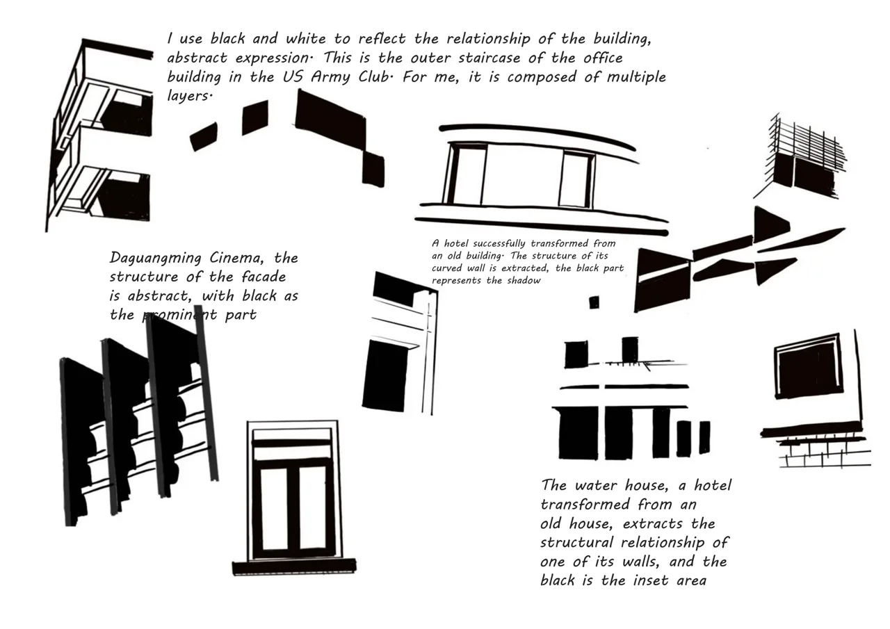 用黑白关系提取楼梯、墙面、开口与阴影。 / Black-and-white abstractions of stairs, walls, openings and shadows.