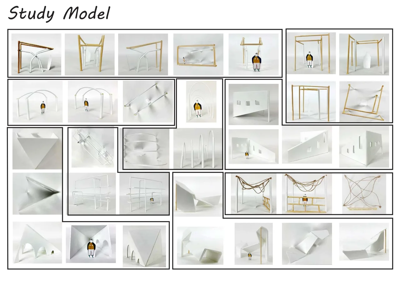 以小模型测试框景、边界、路径和人的尺度。 / Small models testing frames, boundaries, routes and human scale.