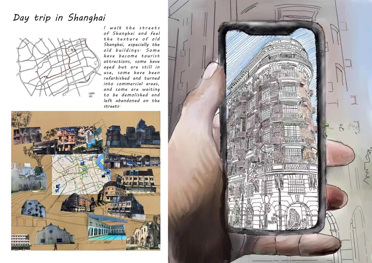 上海步行路线、街景照片与速写记录。 / Walking routes, street photographs and sketches in Shanghai.