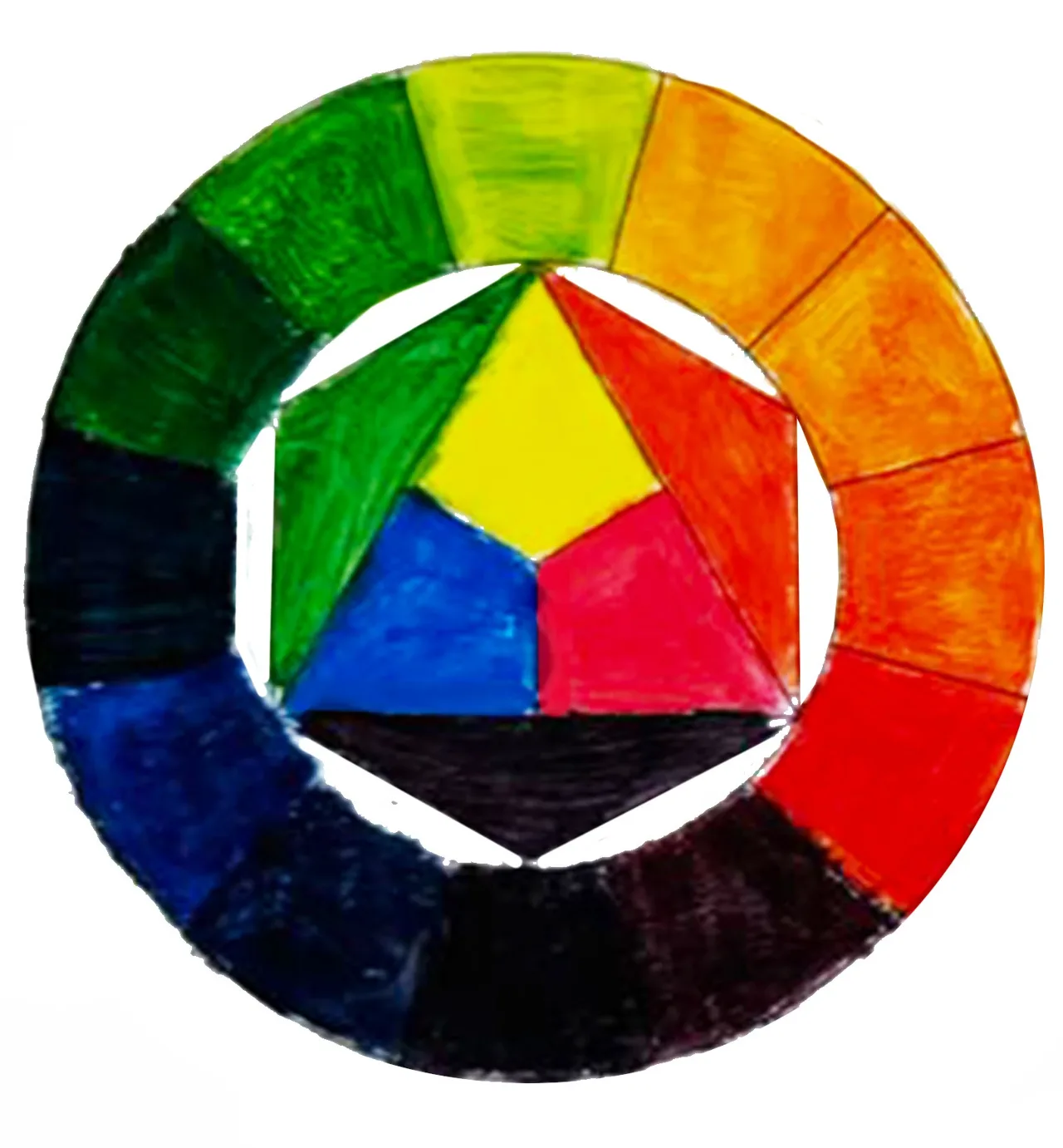 手绘色环:以颜料练习色相关系。个人课程练习。 / Painted colour wheel studying relationships between hues. Individual coursework.