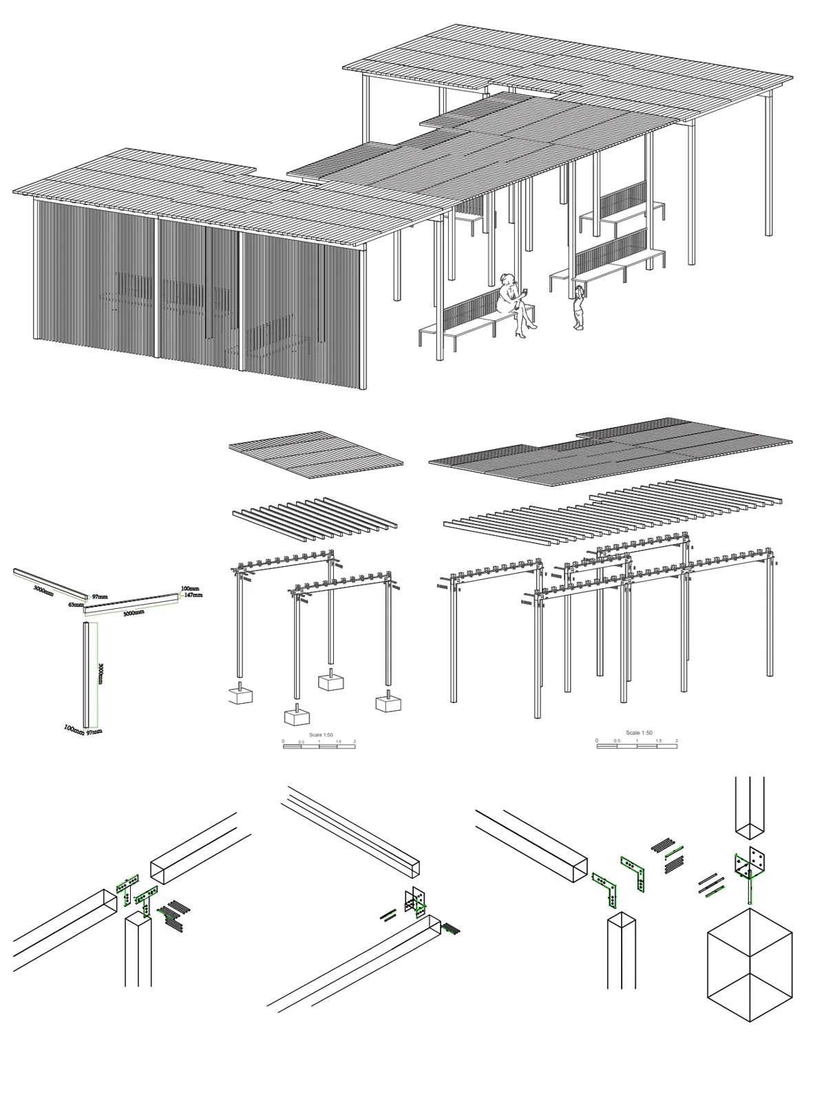 公园庇护亭的结构分解与连接研究,课程设计。 / Exploded structure and connection studies for a park shelter, developed as coursework.