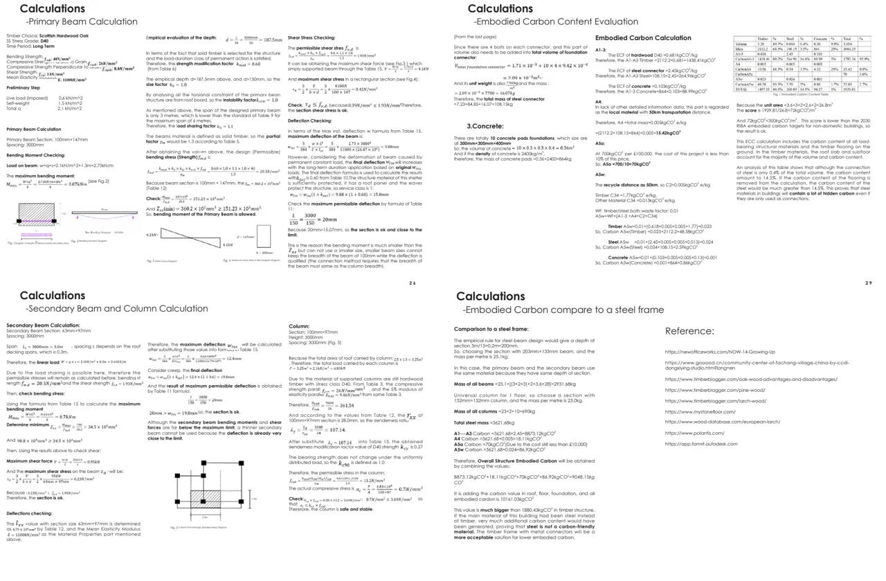 课程中的木梁、柱与荷载计算过程;非施工文件。 / Coursework calculations for timber beams, columns and loads; not construction documentation.